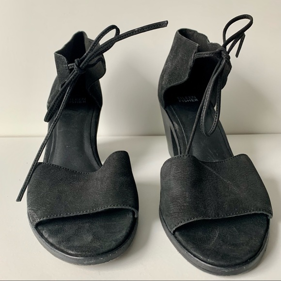 EILEEN FISHER Ann Ankle Tie Sandal black leather stacked block heel 9 1/2 - Picture 3 of 11